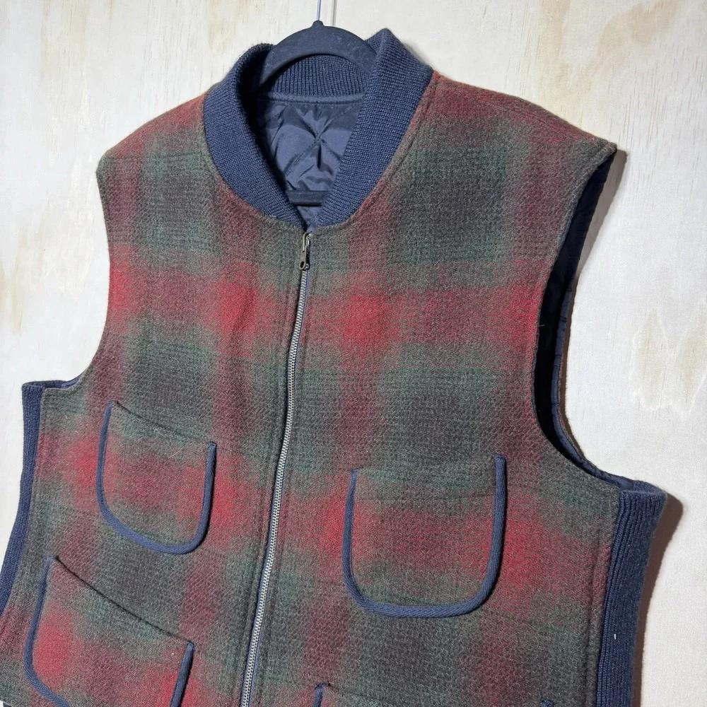Vintage Polo Sport Ralph Lauren Reversible Vest Wool Plaid Quilted Men's XL
